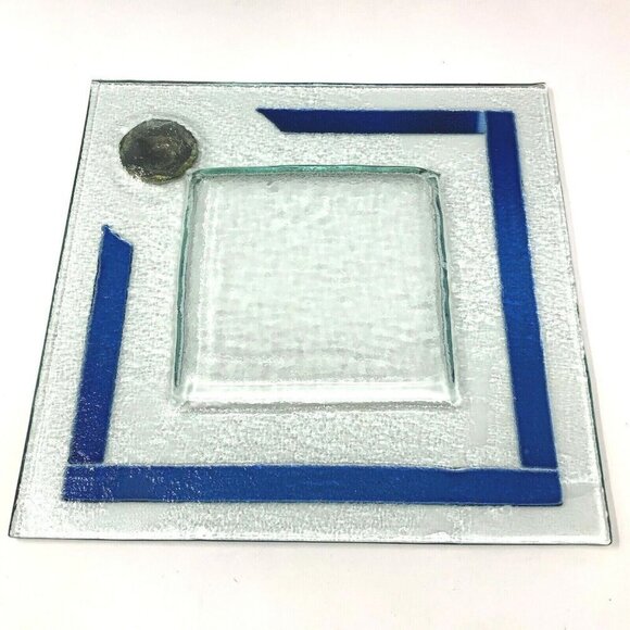 Modern Ashtray Bubble Clear Painted Blue Glass Dish Silver Medallion Accent - Picture 4 of 5